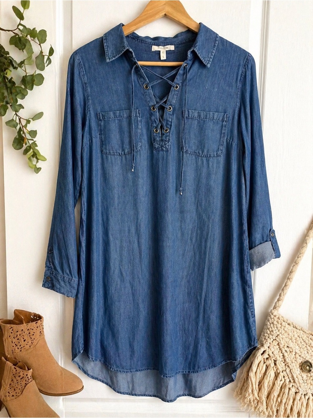 Maurices Chambray Lace-Up Tunic Dress Small Denim Look Boho Casual Long Sleeve